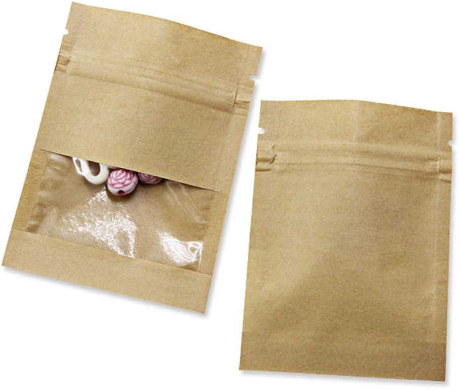 FERENLI 100 Pack 2.8x3.5 inch Small Resealable Seed Coin Envelopes Bags with Clear Window Brown Kraft Paper Heat Seal Packets for Flower Vegetable Seeds Storage Party Favor Pet Food Sample Bag