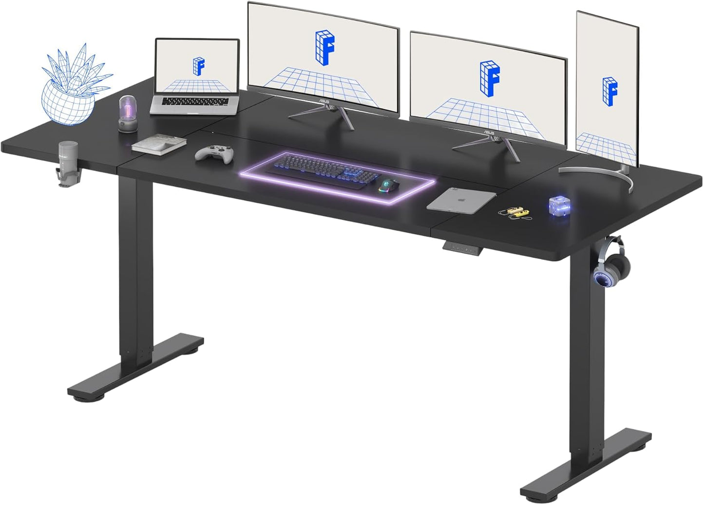 FLEXISPOT 79 x 32 Inch Large Standing Desk, Stand Up Desk with Splice Board, Rising Desks for Home Office, Office Desk with Cup Holder and Headphone Hook (Black Frame + Black Top, 2 Packages)