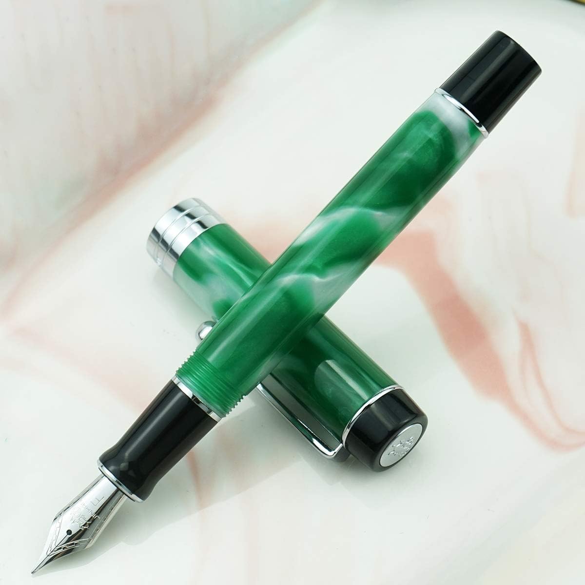 Jinhao 100 Fountain Pen Celluloid Classic Style, #6 Nib Smooth Writing Instrument with Refillable Converter and Pen Case Set
