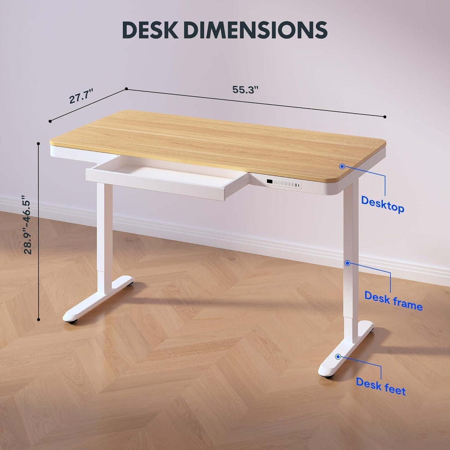 Standing Desk with Drawer, Electric Height Adjustable Home Office Desk with Storage & USB Ports, 55 inch Maple Wood Tabletop/White Frame