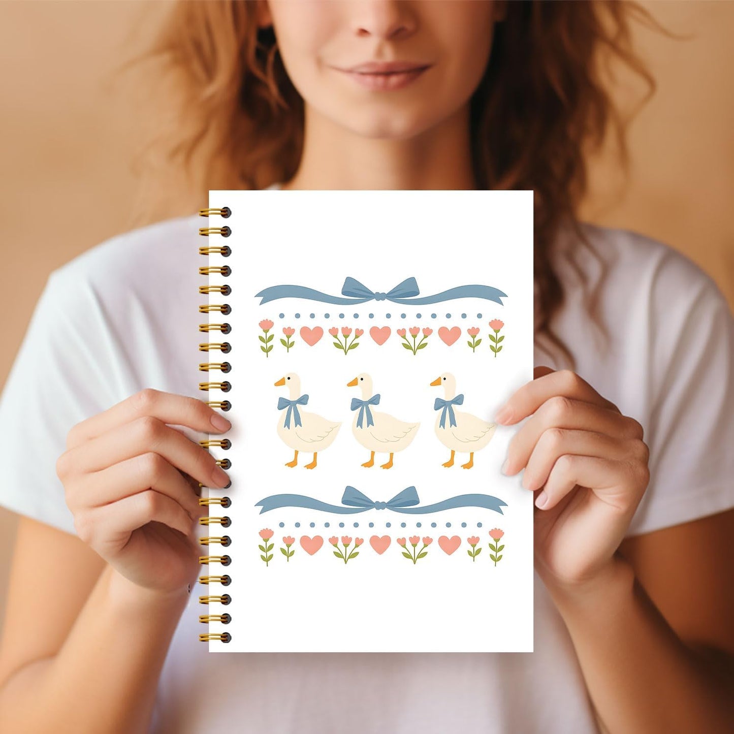 Guymn Coquette Blue Bow Goose Notebook, Groovy Aesthetic Floral Goose Journal for Kids Girls, Geese Animal Lover Gifts Hardcover Spiral Notebooks Journals 5.5x8.3 Inch