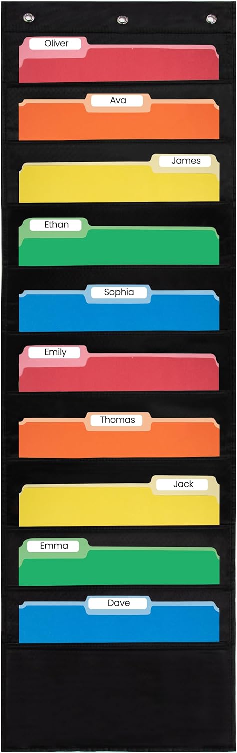 Essex Wares - 10 Pocket File Pocket Chart, Black, 14" Wide x 47" Tall - Versatile Wall Hanging File Folder Organizer for Classroom, Office, Home, and More - Wall Folder Organizer - 10 Pockets