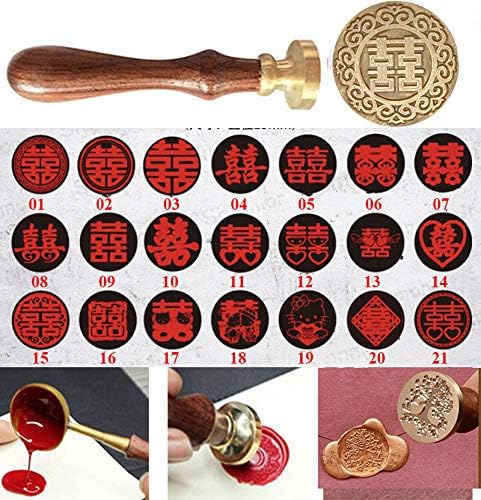 21 Styles Decorative Chinese Character Double Happiness Wings Symble Wax Seal Sealing Stamp Curlicue Wedding Invitations Christmas Gift Cards Embellishment Cutomize Seal Stamp Rosewood Handle Set