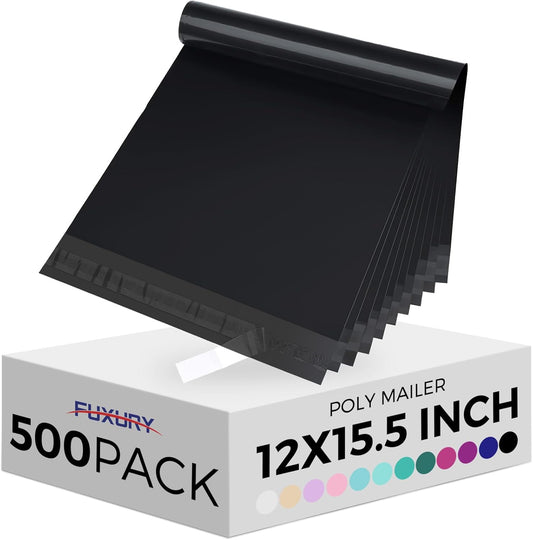 Fuxury Poly Mailers 12x15.5Inch 500Pcs,Waterproof Shipping Bags for Clothing,Strong Adhesive Shipping Envelopes for Small Business,Self Seal Mailing Bags Poly Mailer Bags Black