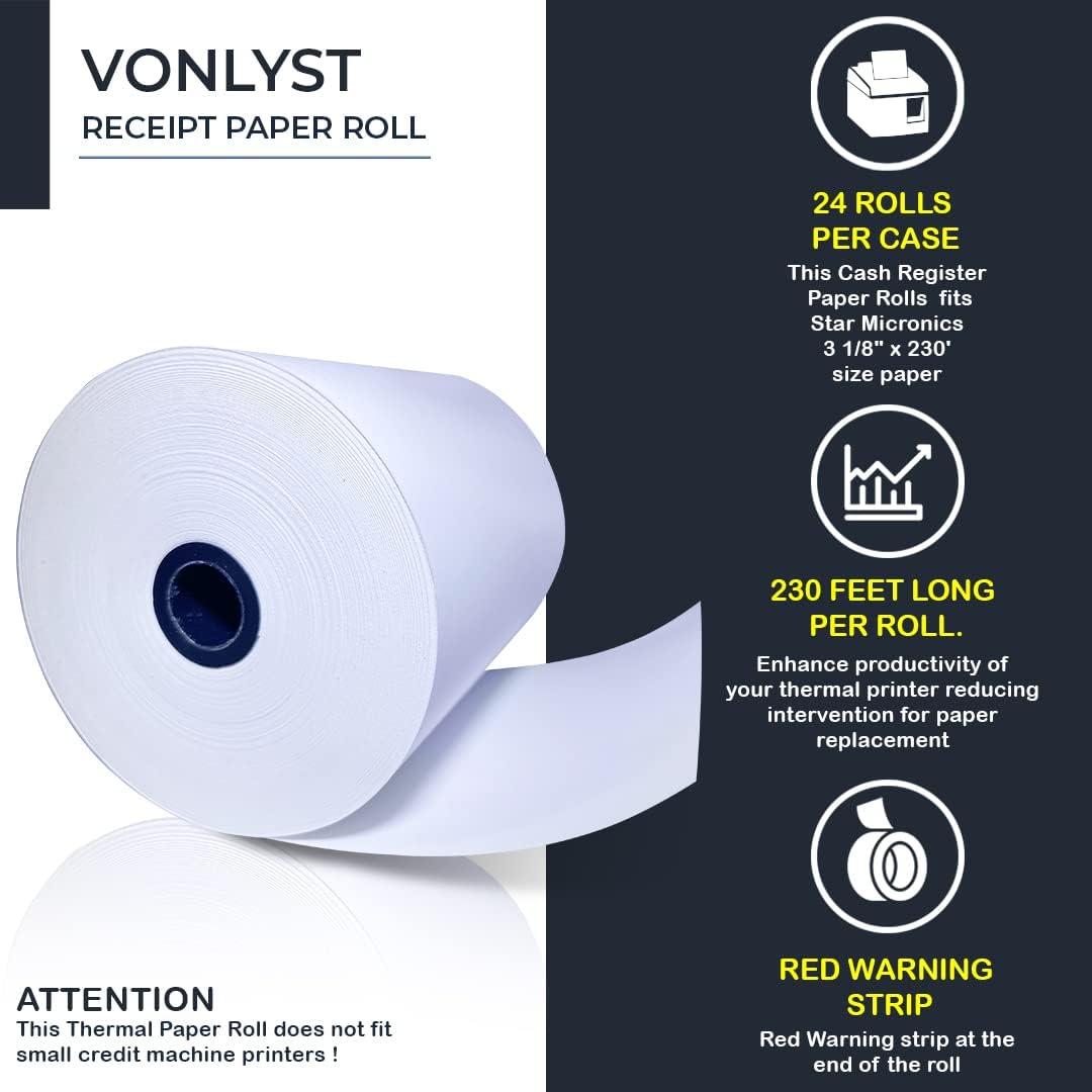 Receipt Paper Roll 3 1/8 x 230 for Square Register and Square POS System connected to Star Micronics Thermal Printer (Pack 24 rolls)