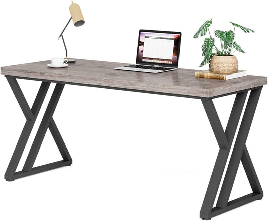 LITTLE TREE 55 Inch Large Simple Industrial Computer Desk Study Writing Table Home Office Workstation,Grey
