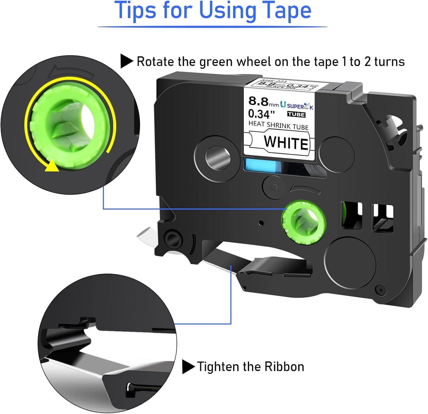 10PK Compatible for Ptouch HSe-221 HSe221 HS-221 HS221 Black on White 8.8mm 0.34'' Heat Shrink Tubing for Wire Cable for PT-D200 PT-D215e PT-D201 PT-D210 Label Maker Tape