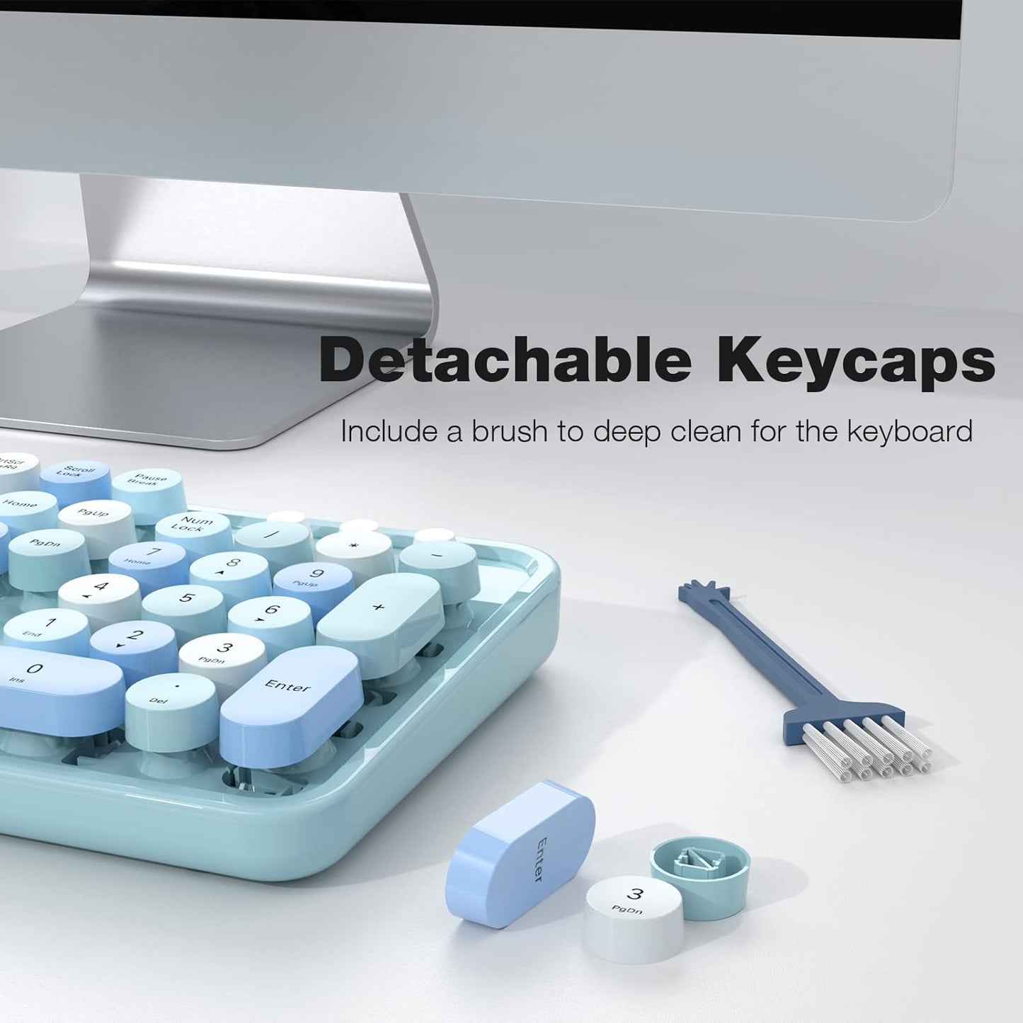 MOFII Wireless Keyboard and Mouse Combo, Retro Wireless Keyboard with Round Keycaps, 2.4GHz Dropout-Free Connection, Cute Wireless Mouse for PC/Laptop/Mac/Windows XP/7/8/10 (Blue-Colorful)
