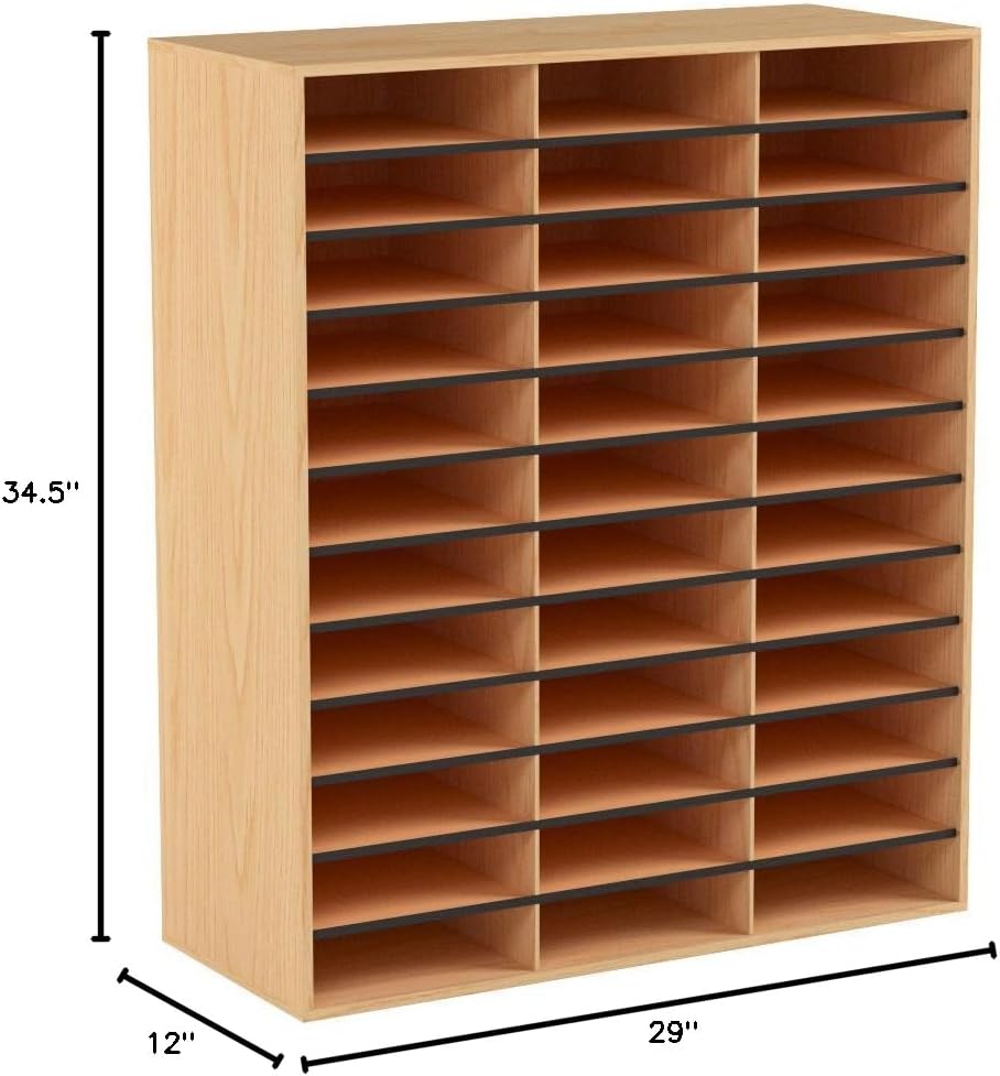 Safco Literature Organizer, 36 Compartments, Office and Classroom Mailbox with Adjustable Shelves, Wood Paper and Mail Sorter, Medium Oak