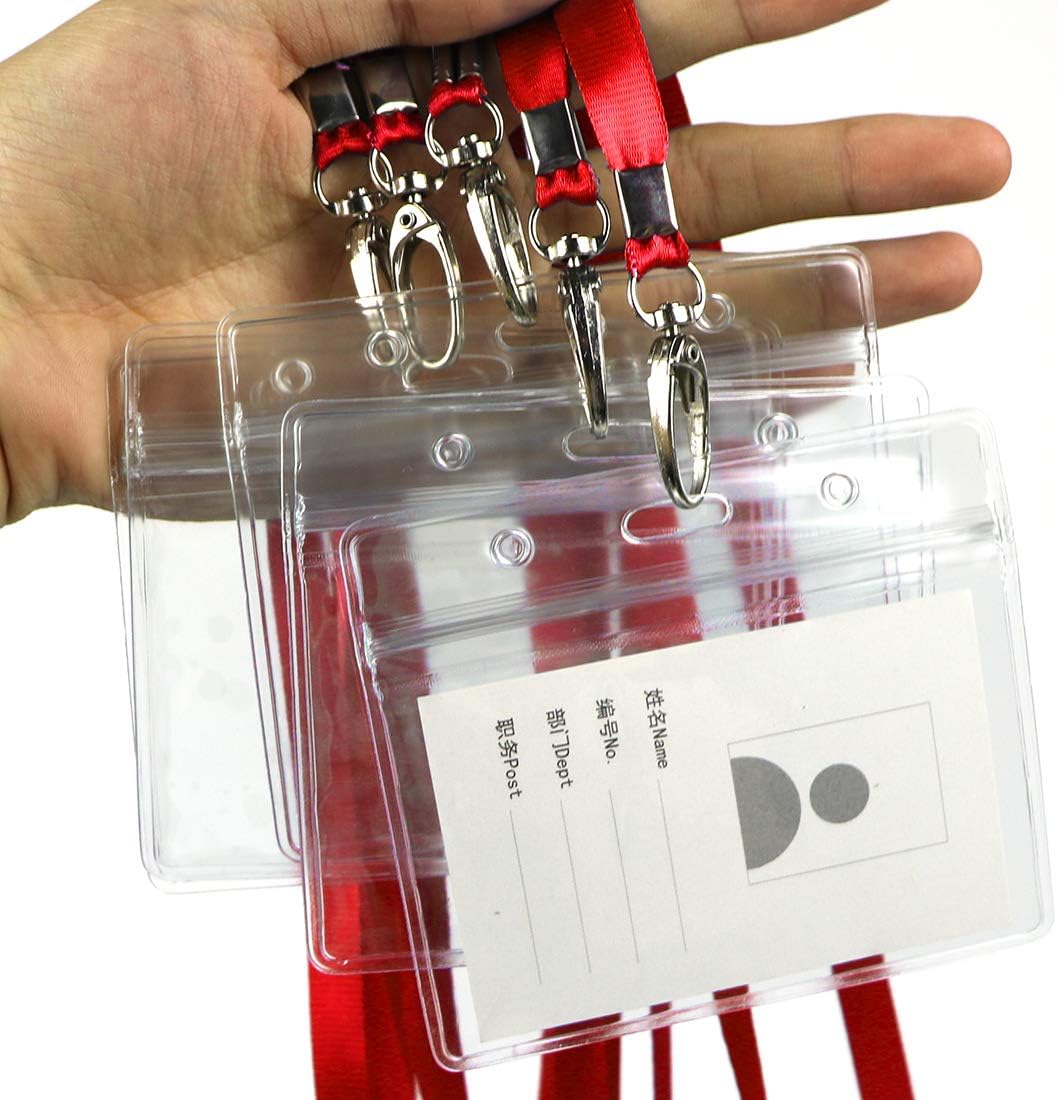 Lanyard with ID Holder 50 Pcs Waterproof Name Tag Badge ID Card Holders ID Pass Holder and 50 Pcs Flat Neck Lanyards Swivel Hook (Red, Horizontal)