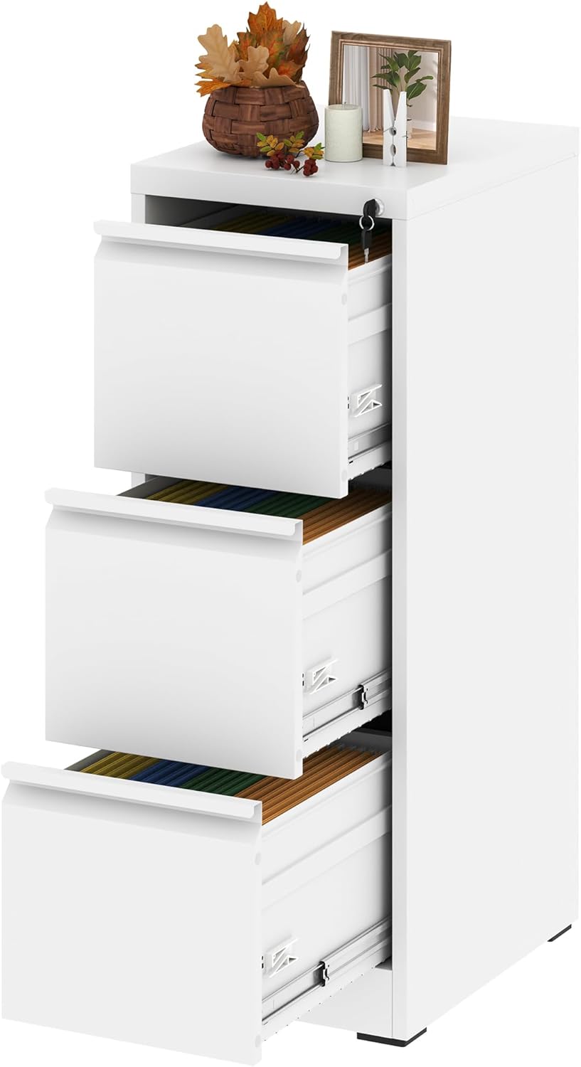3 Drawer File Cabinet with Lock, Vertical Filing Cabinets for Home Office, Locking File Cabinet Hanging Files for A4/ Legal/Letter, Require Assembly, White