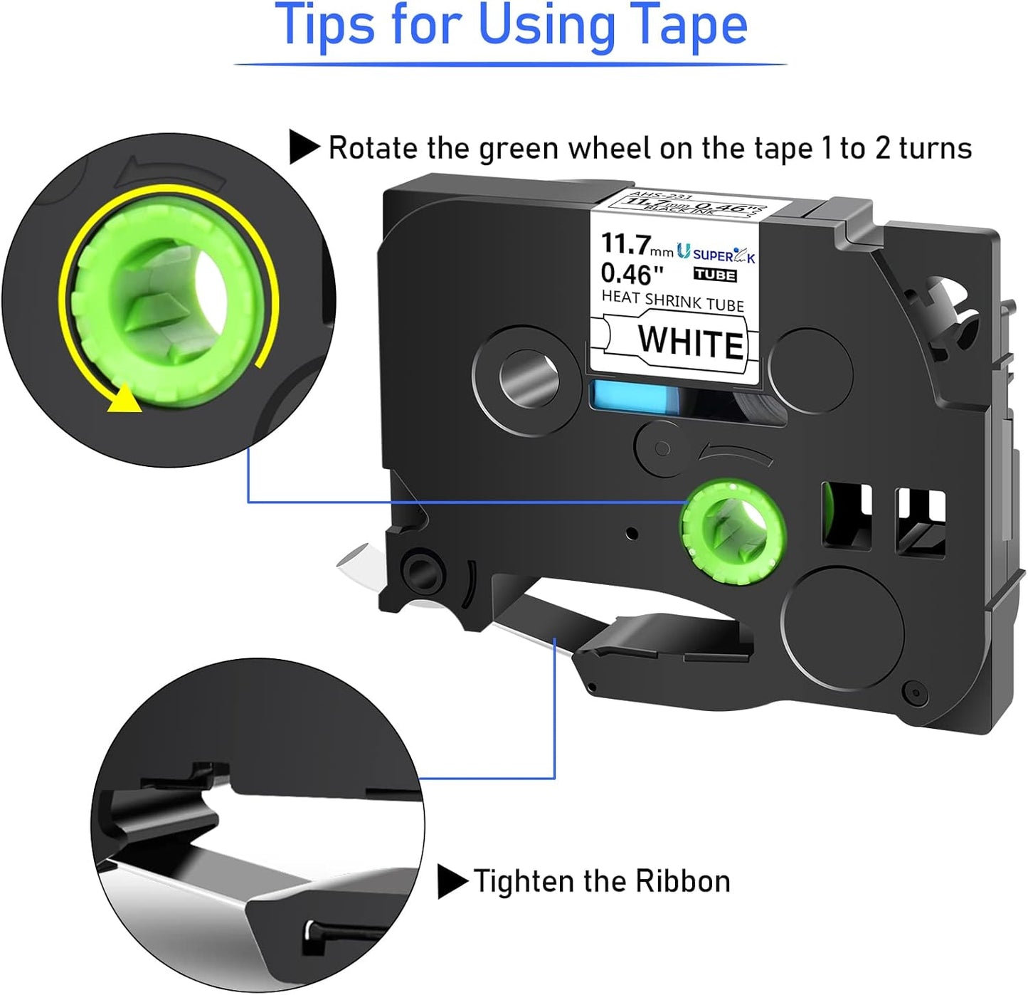 SuperInk 5 Pack Compatible for Brother Ptouch HSe-231 HSe231 HS-231 HS231 0.46 1/2'' 11.7mm Black on White Heat Shrink Tube Label Tape use in PT-D210 PT-D400 PT-E300 PT-E500 PT-P750WVP Label Maker