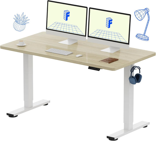 FLEXISPOT EN1 One-Piece Standing Desk, 55 x 28 Inches Electric Height Adjustable Desk for Home Office (White Frame + White Wood Grain Desktop)