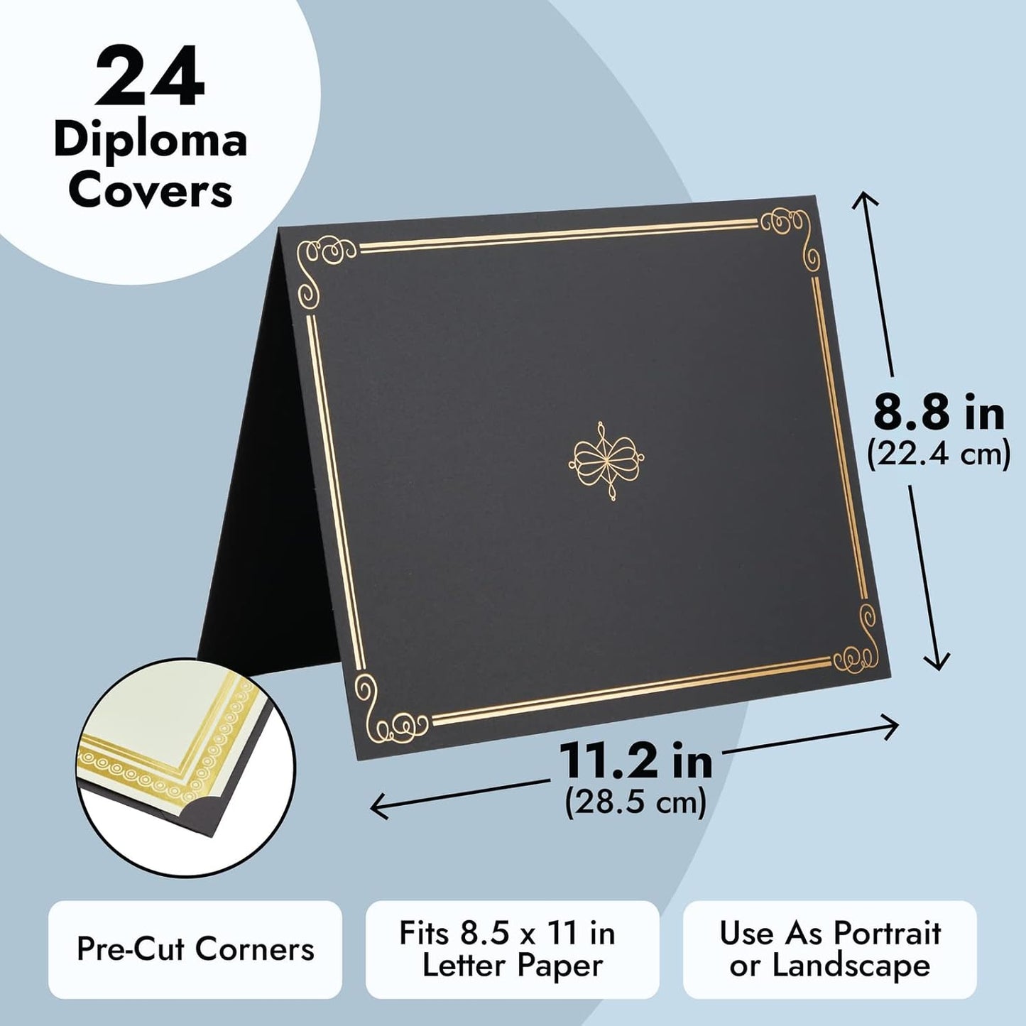 24-Pack Black Certificate Holders with Elegant Gold Foil Design for Letter-Size 8.5 x 11 Documents, Achievements, Certificates, Graduation Diploma Cover (11.2 x 8.8 in)