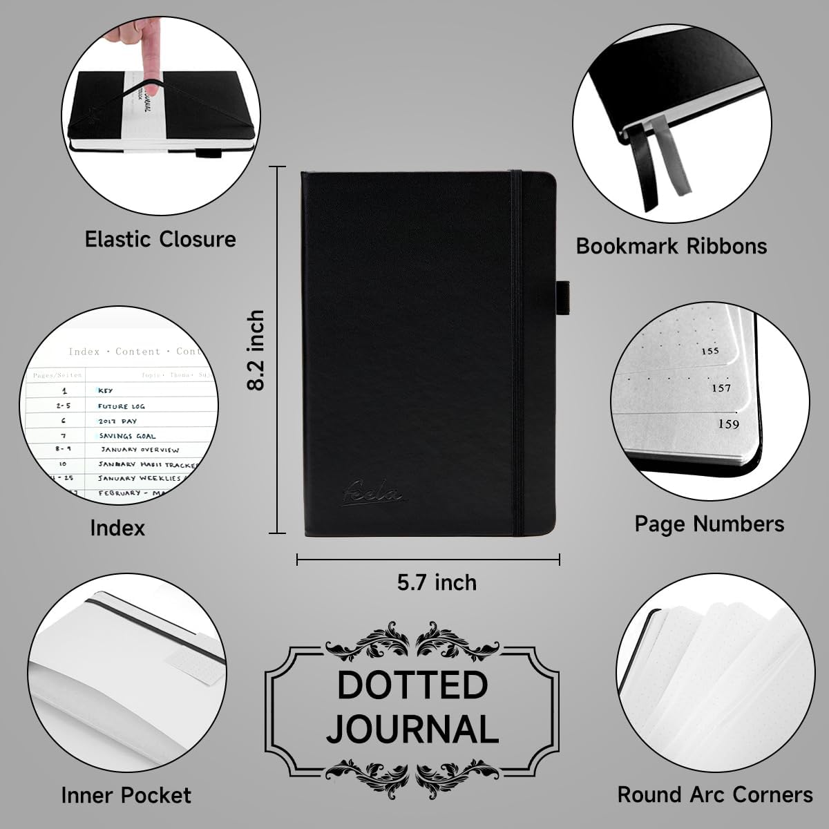 feela Dotted Journal Kit, Dot Grid Journal Hardcover Planner Notebook Set For Beginners Women Girls Note Taking with Journaling Supplies Stencils Stickers Pens Accessories, A5, 224 Pages, Black