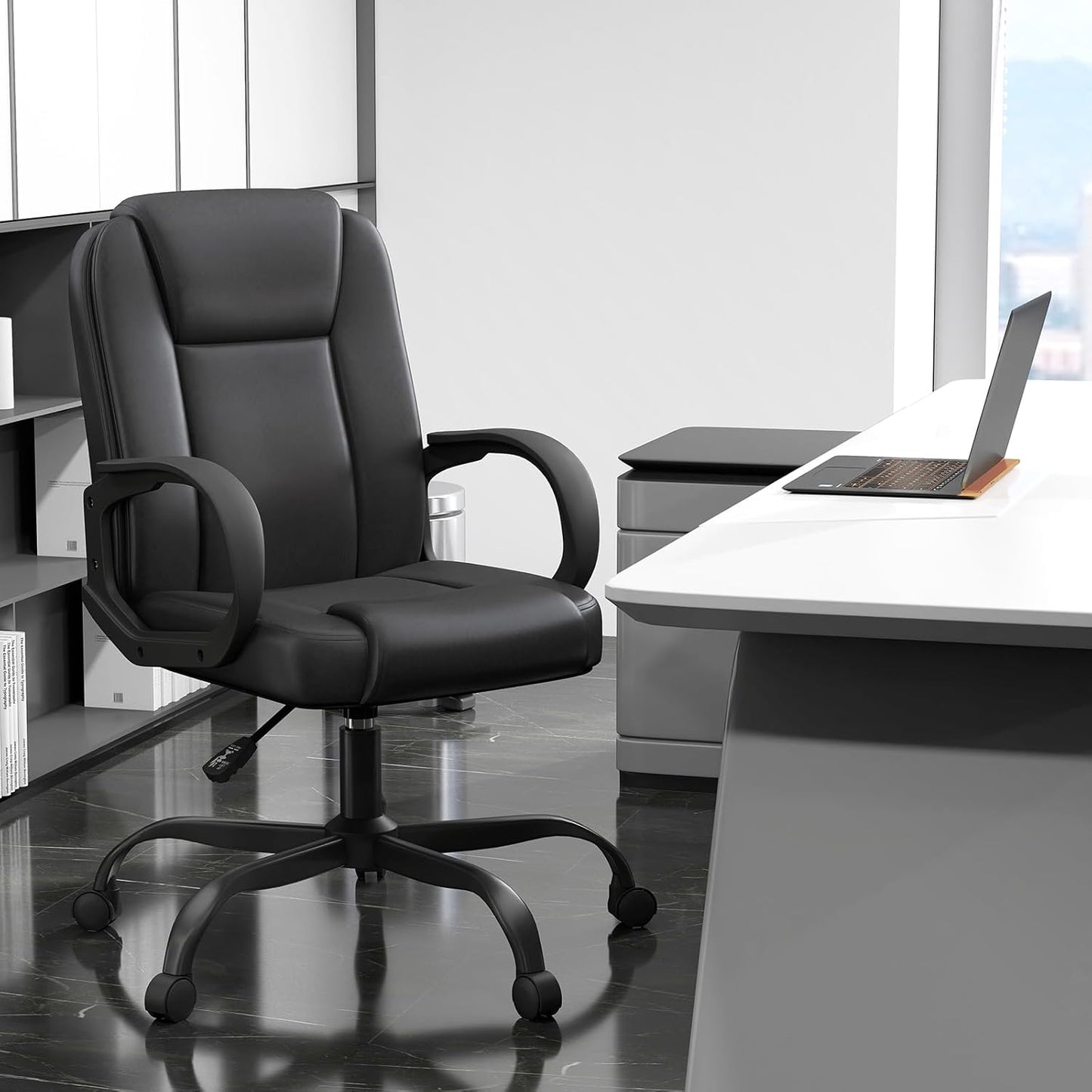 ZZH Executive Office Chair, Leather Desk Computer Chair with Armrests, Mid-Back Swivel Adjustable for Home Office, 8PC, Black