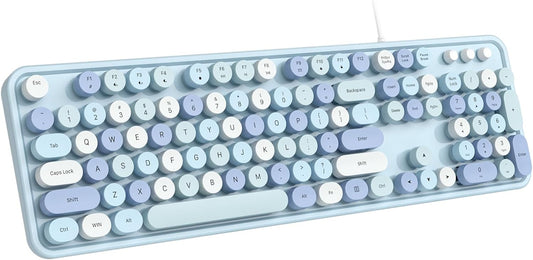 Wired Keyboard, Full-Sized Typewriter Keyboards, USB Plug and Play Office Keyboard with Number Pad, Caps Indicators, Foldable Stands for Windows, PC, Laptop, Desktop (Blue Colorful)