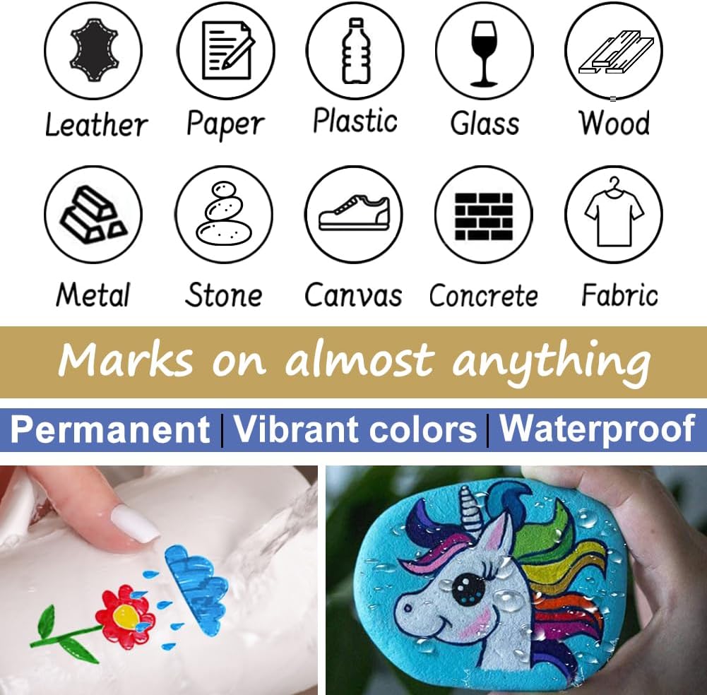 Overseas Gold Paint Pens Permanent Markers 24 Pcs, Oil Based Paint Markers Set, Quick Drying, Waterproof, Medium Tip Marker Pens for Metal, Rock, Wood, Plastic, Canvas, Glass, Stone, Rubber, Paper