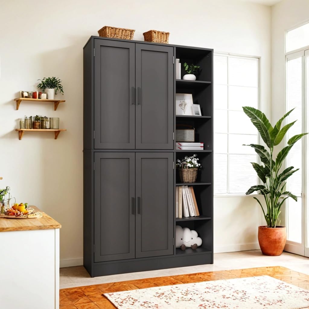 63" Tall Black Kitchen Pantry, Freestanding Storage Cabinet with 4 Doors, Adjustable Shelves for Dining Room, Laundry Room