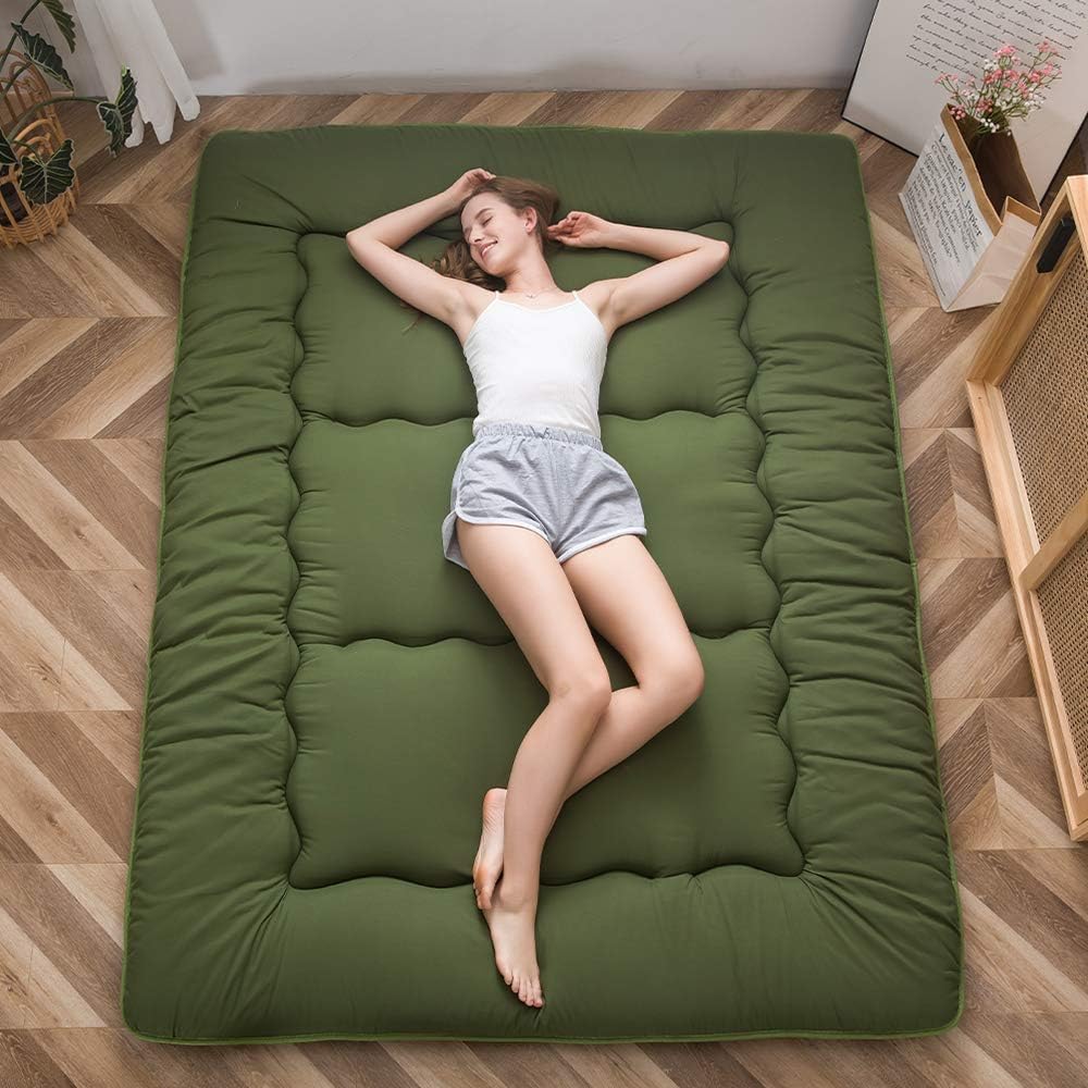 MAXYOYO Japanese Futon Mattress Twin Size Floor Mattress, Thicken Tatami Mat Sleeping Pad Roll Up Mattress Floor Bed Folding Couch Bed Mattress Pad for Guest Room, Green, Twin