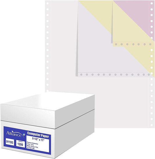 Alliance Premium Carbonless Computer Paper, 9.5 x 11, Blank Left and Right Perforated, 15 lb (3-Pt W/P/C 1200/Ctn 80 Ctns/Pallet)