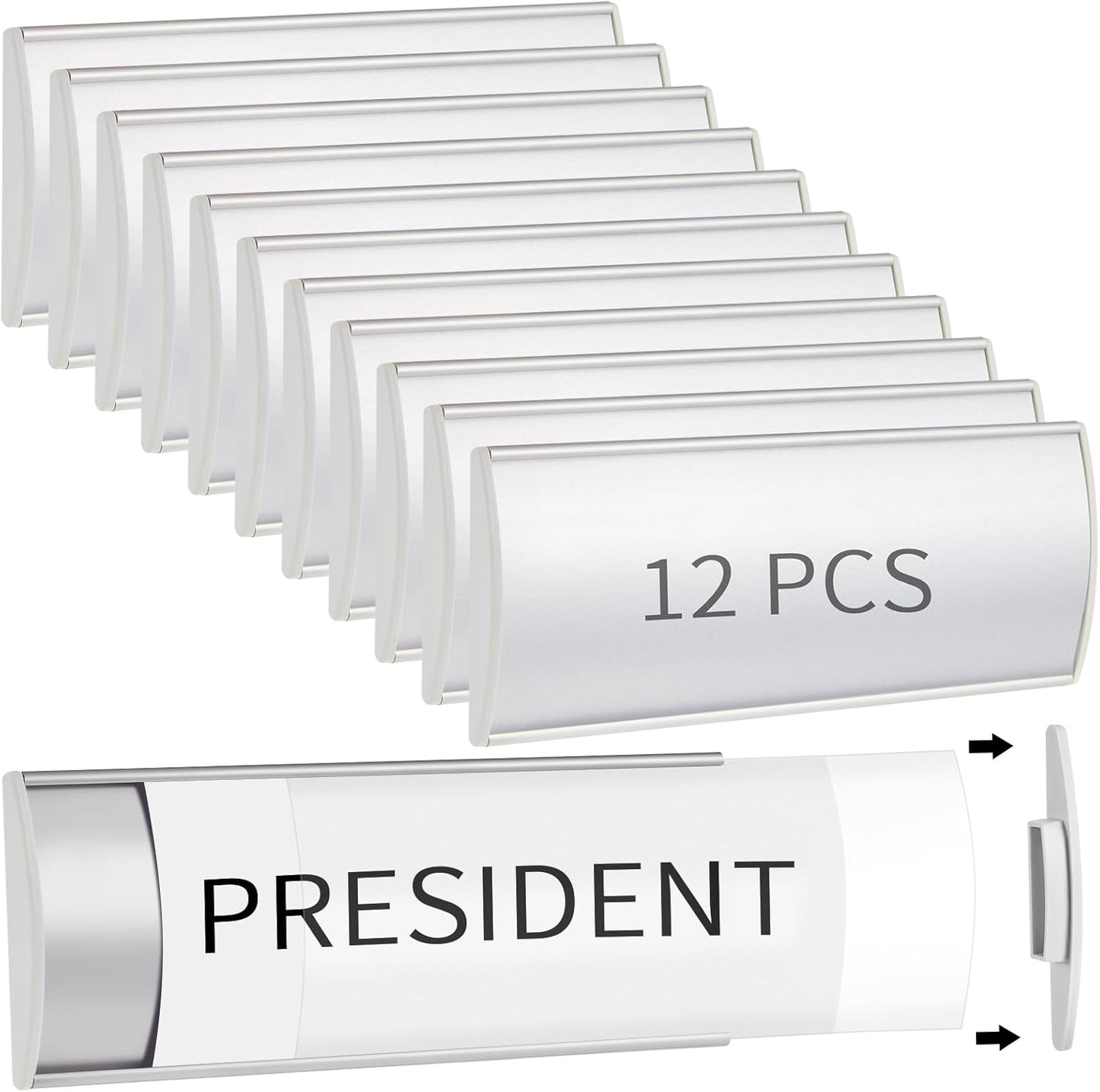 Therwen 12 Pcs Aluminum Office Name Plate Holder for Door Wall Mount 8'' x 3'' Business Sign Holder Office Door Sign Sturdy Curved with Plastic Film and Adhesive Tape (Silver)