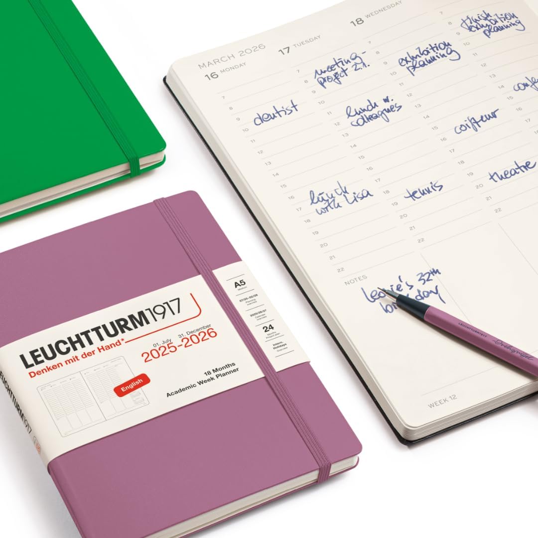 LEUCHTTURM1917 - Academic Week Planner Hardcover Medium (A5), 18-month, Jul. 2025 - Dec. 2026, English, Black