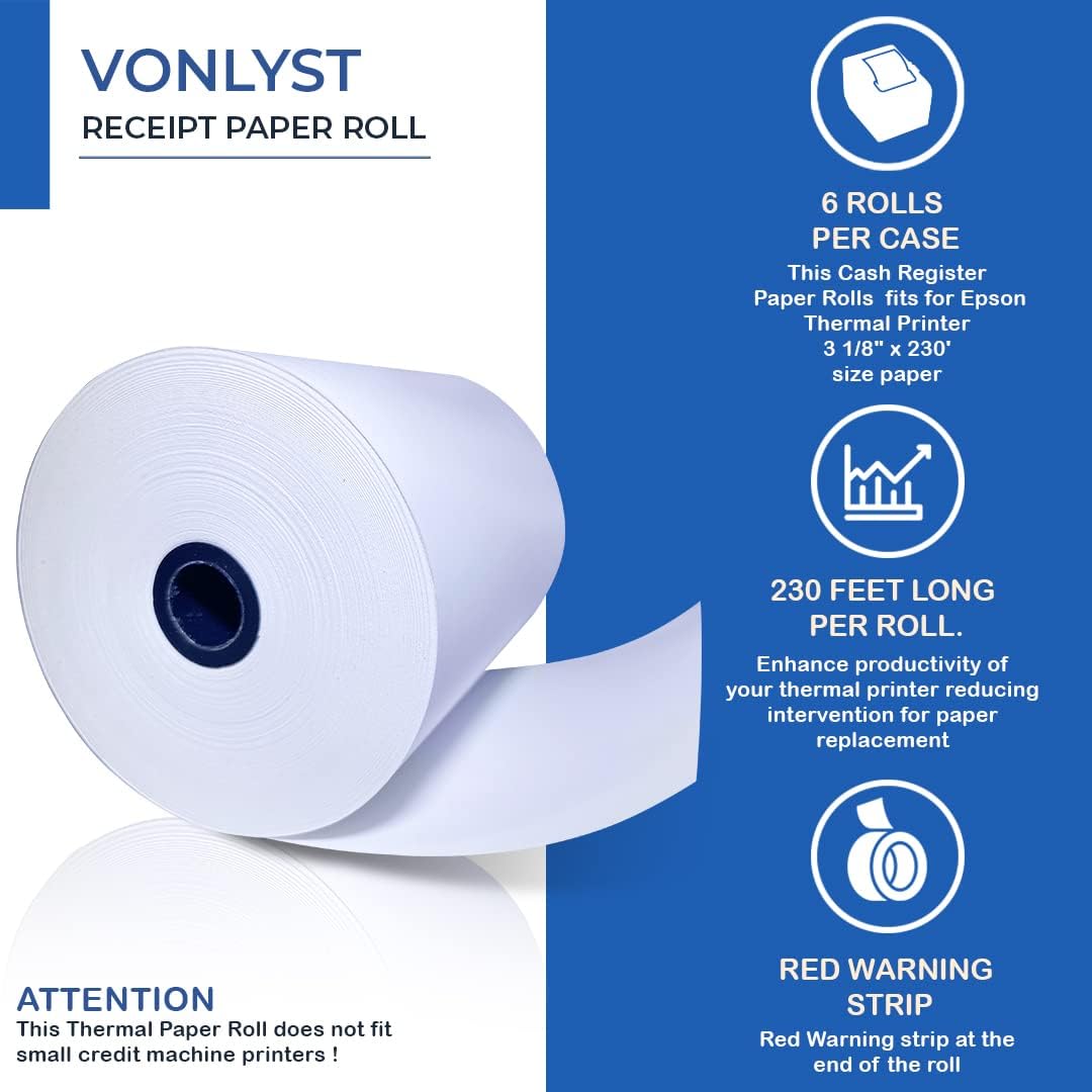 3 1/8 x 230 Thermal Paper Receipt Roll for Epson Printer (Pack 12 rolls)