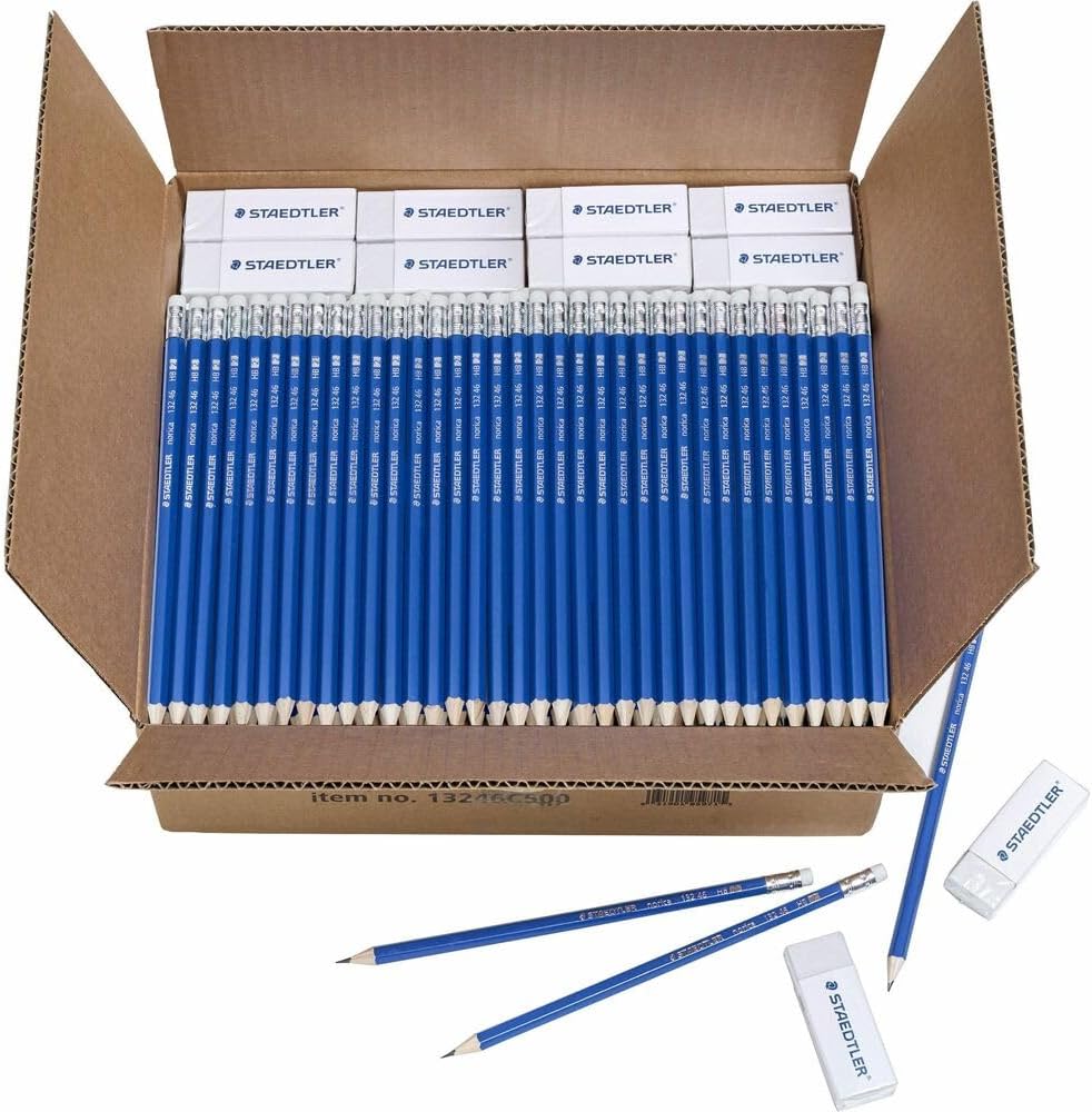 STAEDTLER Norica #2 HB Pencils Class Pack with Erasers, 500-Count School Supplies Set, Break-Resistant Lead, Pre-Sharpened Bulk Pack, PVC-Free Erasers