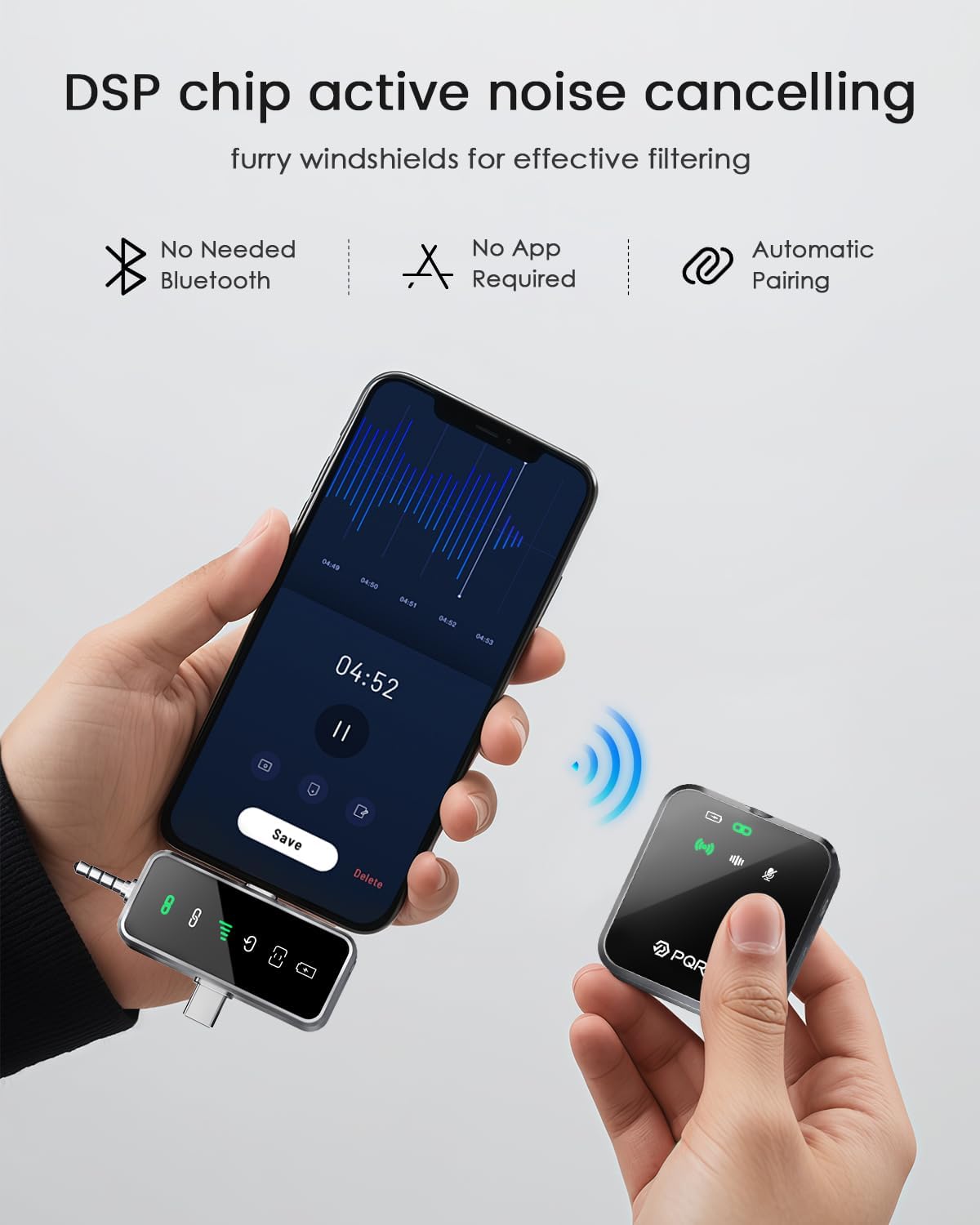 PQRQP 3 in 1 Microphone for iPhone/Android/Camera, Mini Microphone, 328ft Transmission, 18H Battery Life, Wireless Microphones Crystal-Clear Audio for Podcasting, Vlog, Streaming (Graphite Gray)