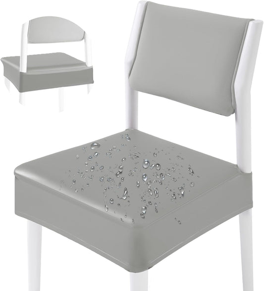 CWK Waterproof PU Leather Dining Chair Covers Set of 6-Stretchable Chair Seat Slipcovers, Removable & Washable Protector for Dining Room,Home,Office,Wedding,Rear Covers (PU-Silver)