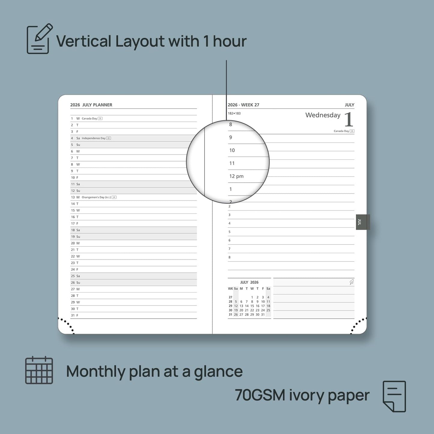 POPRUN 2026 Daily Planner One Page Per Day A6 Size Calendar (4.25" x 6.25") - 12 Months Hourly Appointment Book with Hardcover, Monthly Tabs, Pocket, Pen Holder - Pacific Green