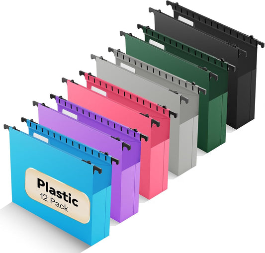 Plastic Extra Capacity Hanging File Folder,12 Pack Expanding Hanging File Folders Letter Size, Heavy Duty Folders 2 Inch Expansion, Reinforced Hanging Folders Designed for Bulky Files(Colorful)