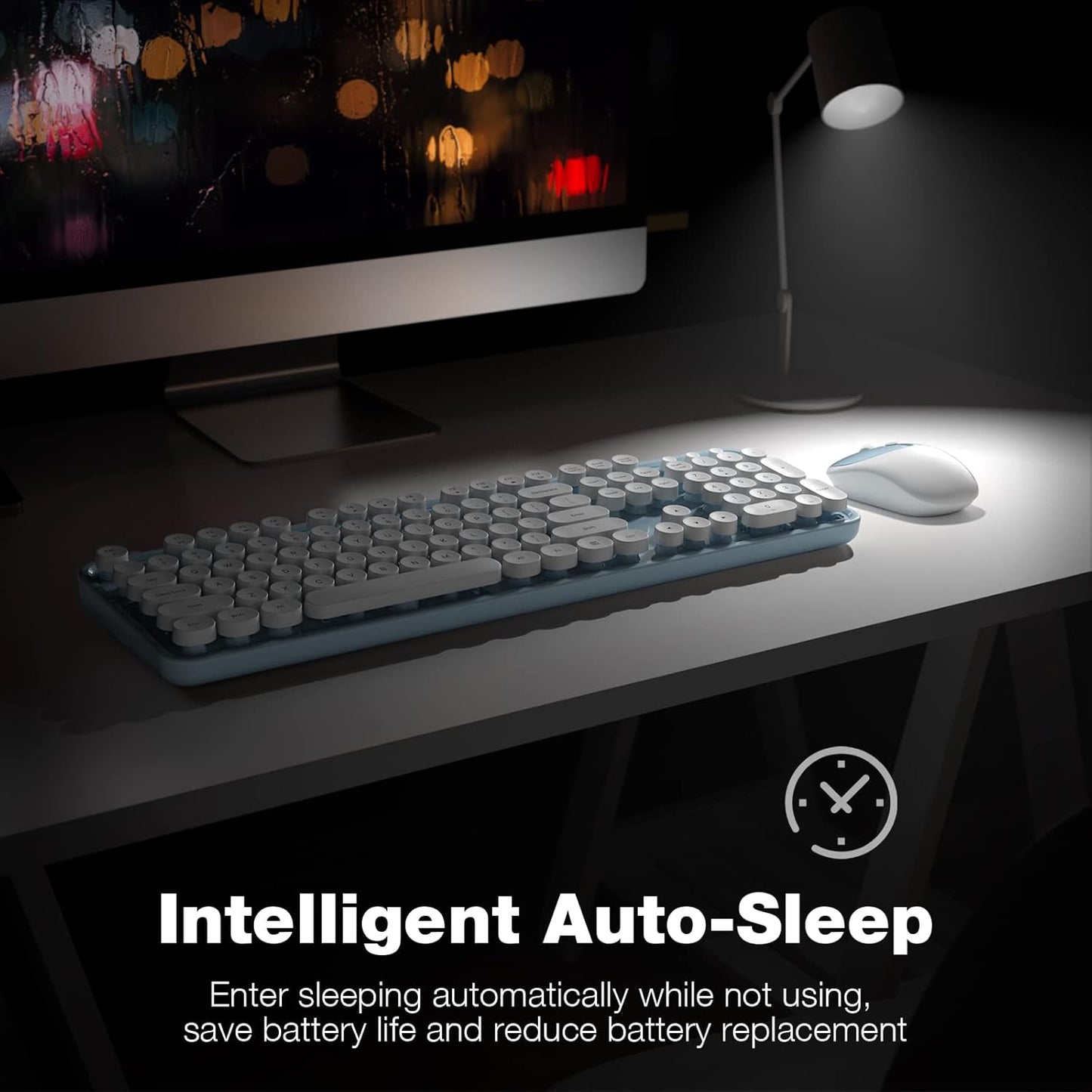 Wireless Keyboard and Mouse, Typewriter Full Size Keyboard with Number Pad and 2 in 1 USB Connected Mouse for Mac, Windows 7/8/10, Laptop, Desktop, PC, Computer (Blue-White)
