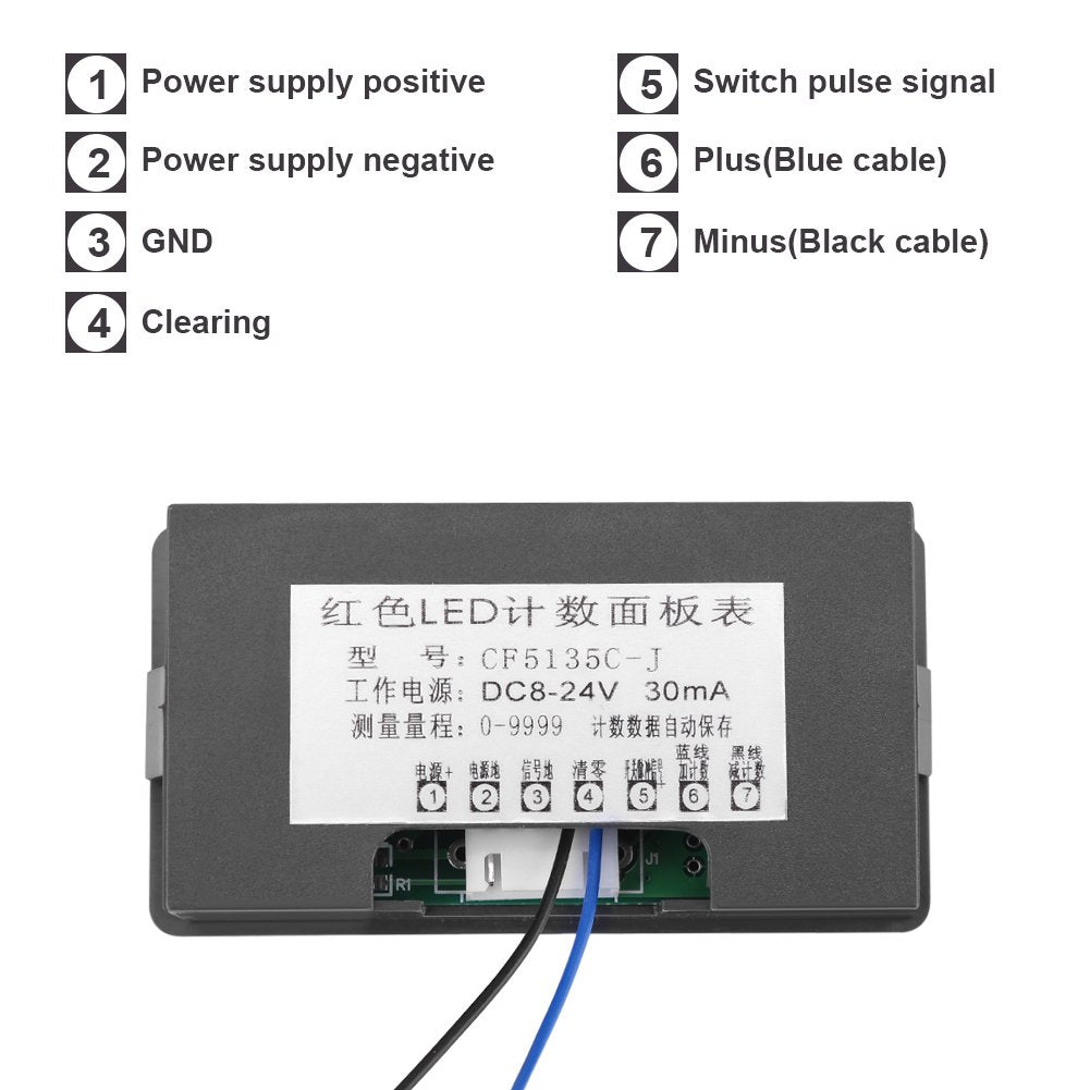 FTVOGUE Auto Digital Counter DC LED Digital Display 4 Digit 0-9999 Up/Down Plus/Minus Panel Counter Meter with Cable(Red)