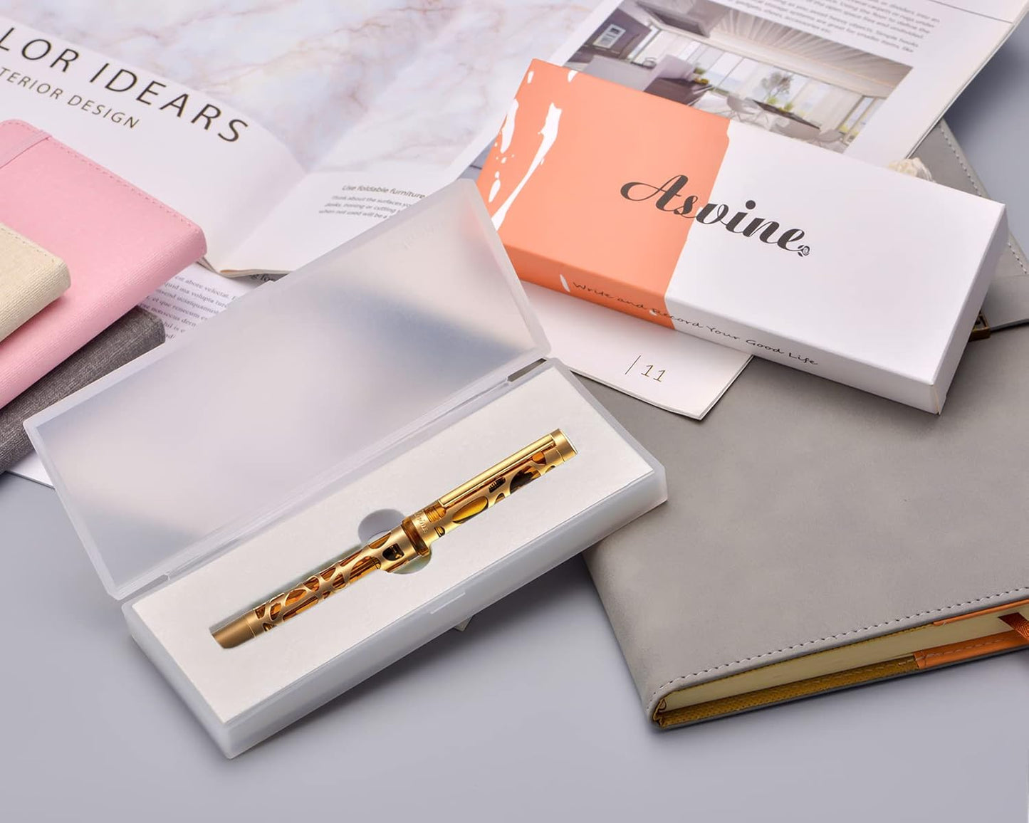 Asvine V169 Vacuum Filling Fountain Pen Extra Fine Nib, Water Drop Skeleton Gold Trim Transparent Coffee Acrylic Pen Case Set