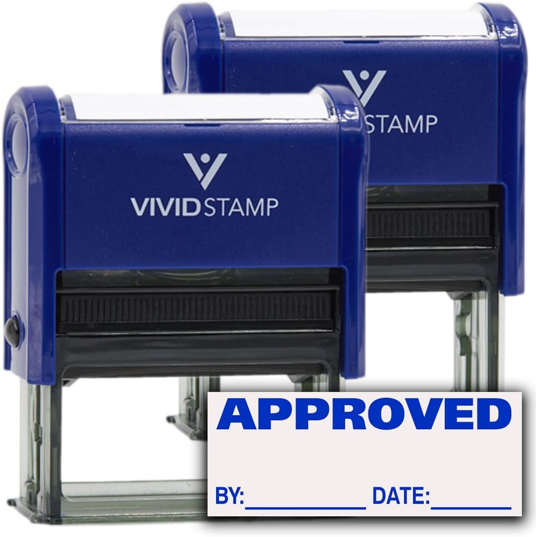 Approved w/by Date Line Self-Inking Office Rubber Stamp (Blue) - X-Large 2 Pack