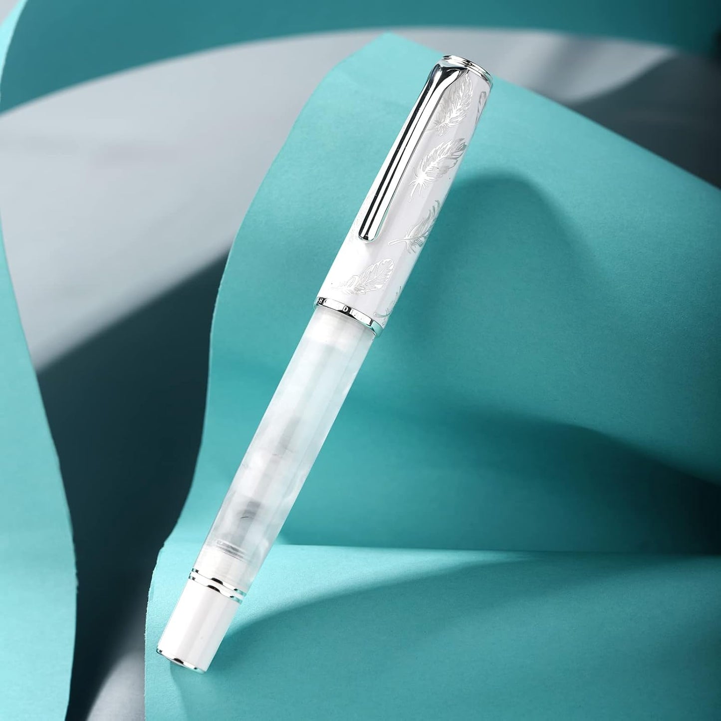 Hongdian N8 White Acrylic Resin Fountain Pen, Iridium Fine Nib Silver Plated Feather Carving Cap Smooth Writing Pen with Converter and Metal Pen Box Set