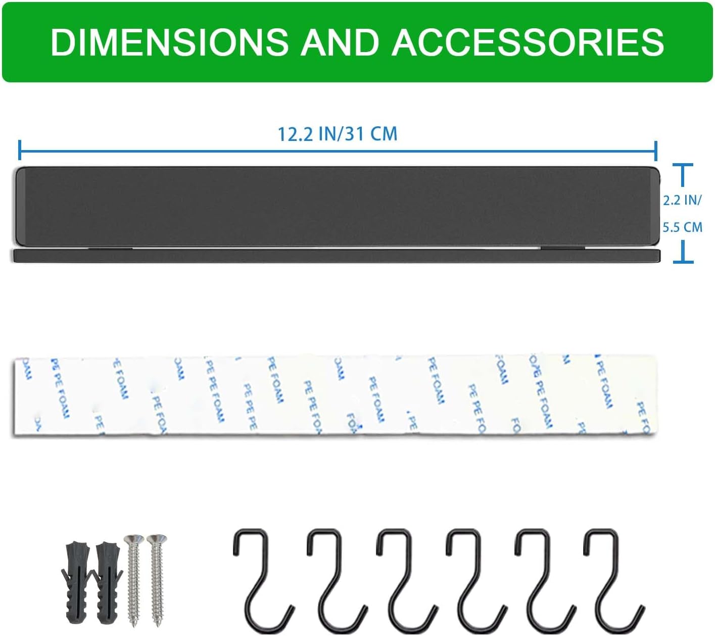 YIIYIIN 12 Inch Magnetic Knife Holder for Wall No Drill,Adhesive Knife Magnetic Strip with 6 Hooks,Kitchen Double Rods Stainless Steel Magnetic Utensil Holder(Black)