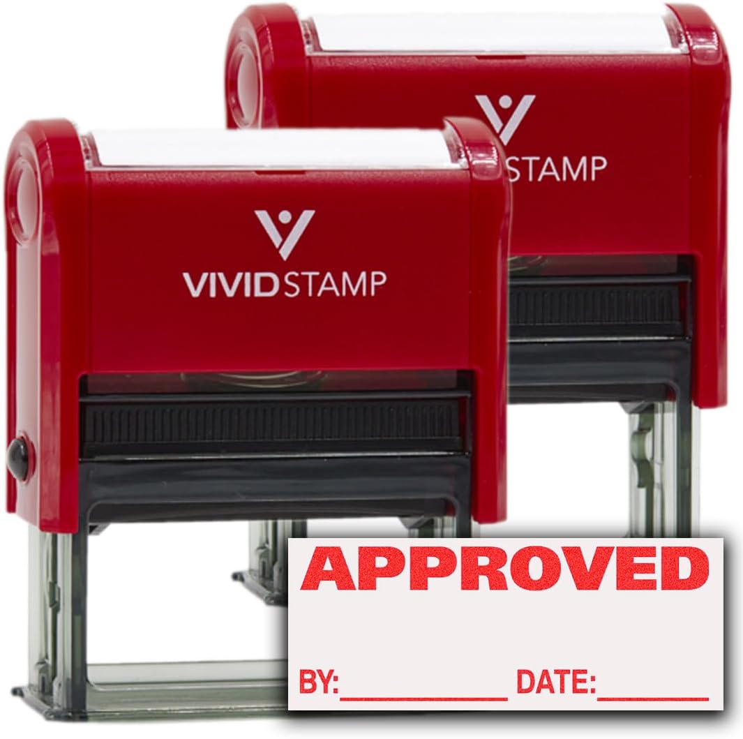 Approved w/by Date Line Self-Inking Office Rubber Stamp (Red) - Large 2 Pack