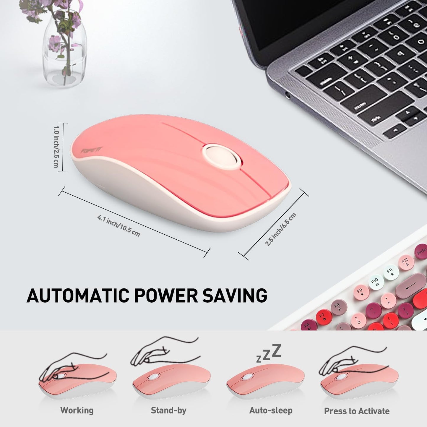 FOPETT 2.4GHz Wireless Keyboard and Mouse Set with Switch Button - Full-Size Keyboard - Compatible for Windows/Laptop/PC/Notebook/Smart TV and More - White Colorful