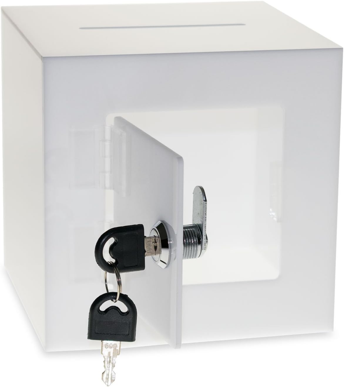 Source One Premium Acrylic Cube Donation Box with Deluxe Rear Open Door and Cam Lock Suggestion Box (6 Inch, White)