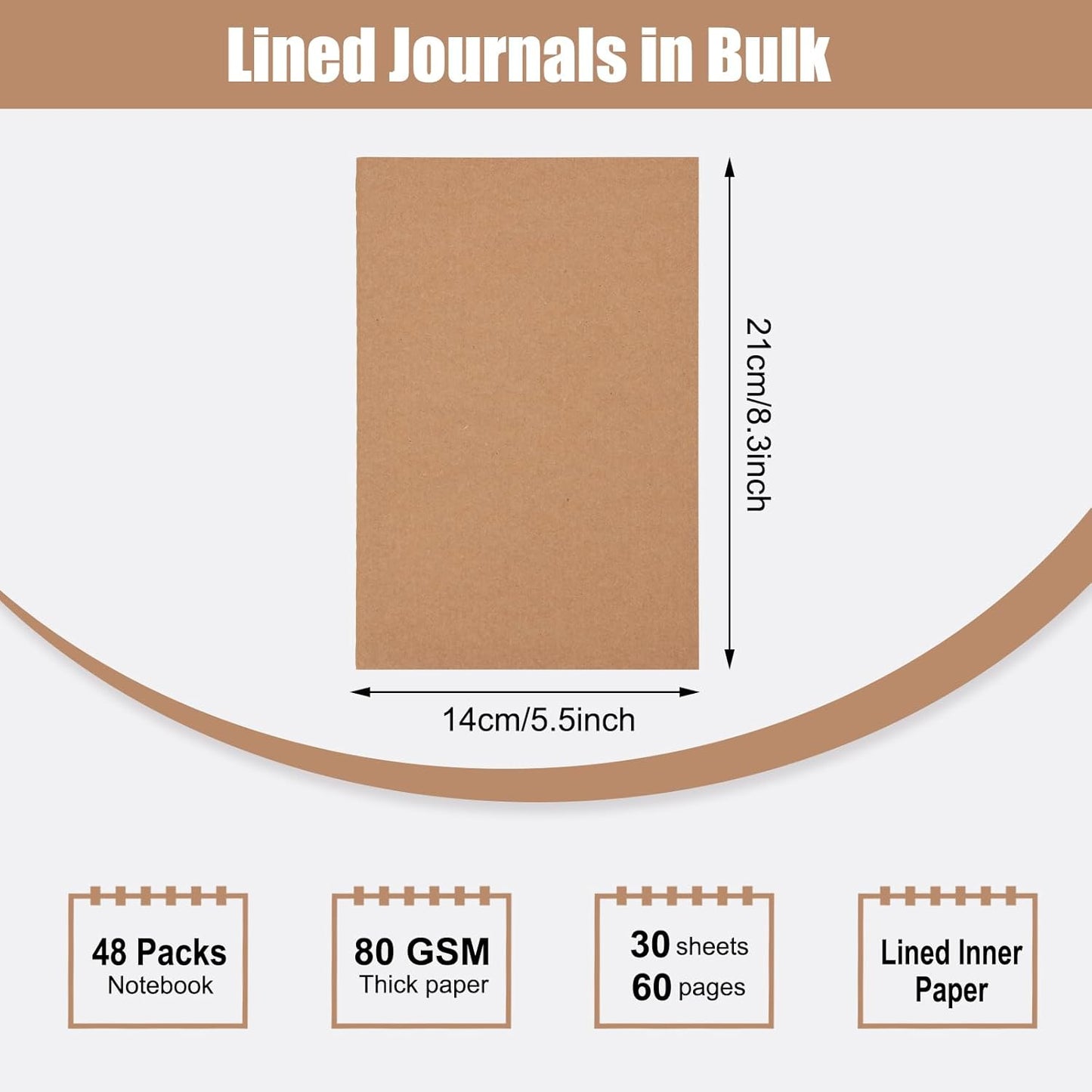 EOOUT 48 Pack A5 Lined Kraft Notebooks, Travel Journals Bulk 8.3x5.5in College Ruled Subject Notebooks 30 Sheets 60 Pages for Writing School Office Supplies