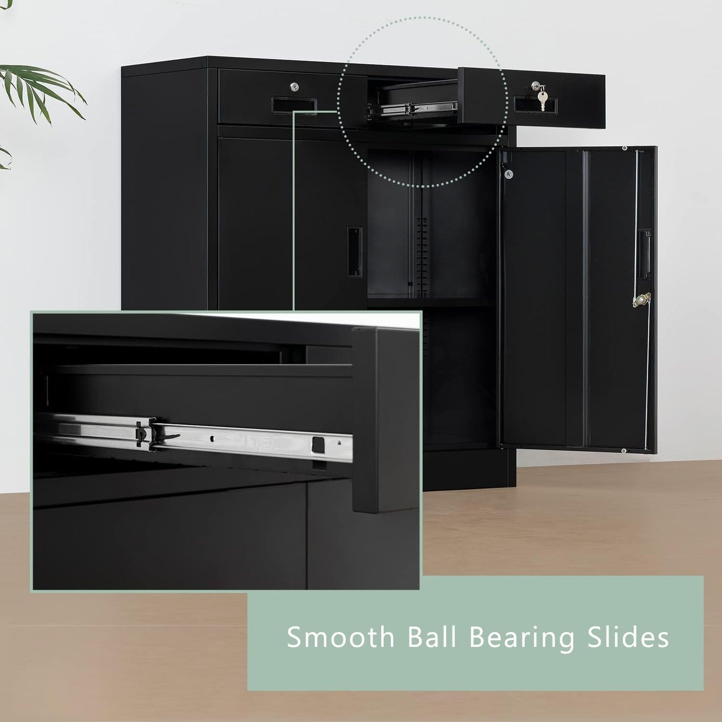 Metal Storage Cabinet with Locking Doors and 2 Drawers, 36” Garage Cabinet for Classroom, Home and Office - Black