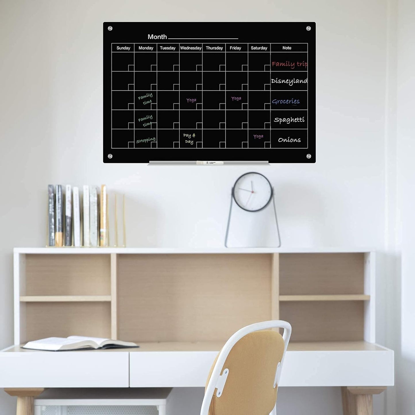 J&J worldwide Magnetic Whiteboard Calendar, 3' x 2' Blsck Glass Wall Calendar Dry Erase Board Monthly Planner for Home, School, Office, Frameless, with Markers, Marker Tray, Eraser, Magnets