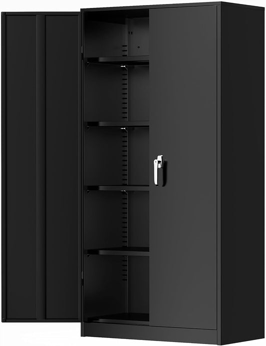 Greenvelly Metal Storage Cabinets 72” Black Garage Steel Storage Cabinet with Doors and Shelves, Metal Tool Cabinet, Steel File Cabinet for Home Office, Basement, Warehouse, Classroom（Anti Tipping）