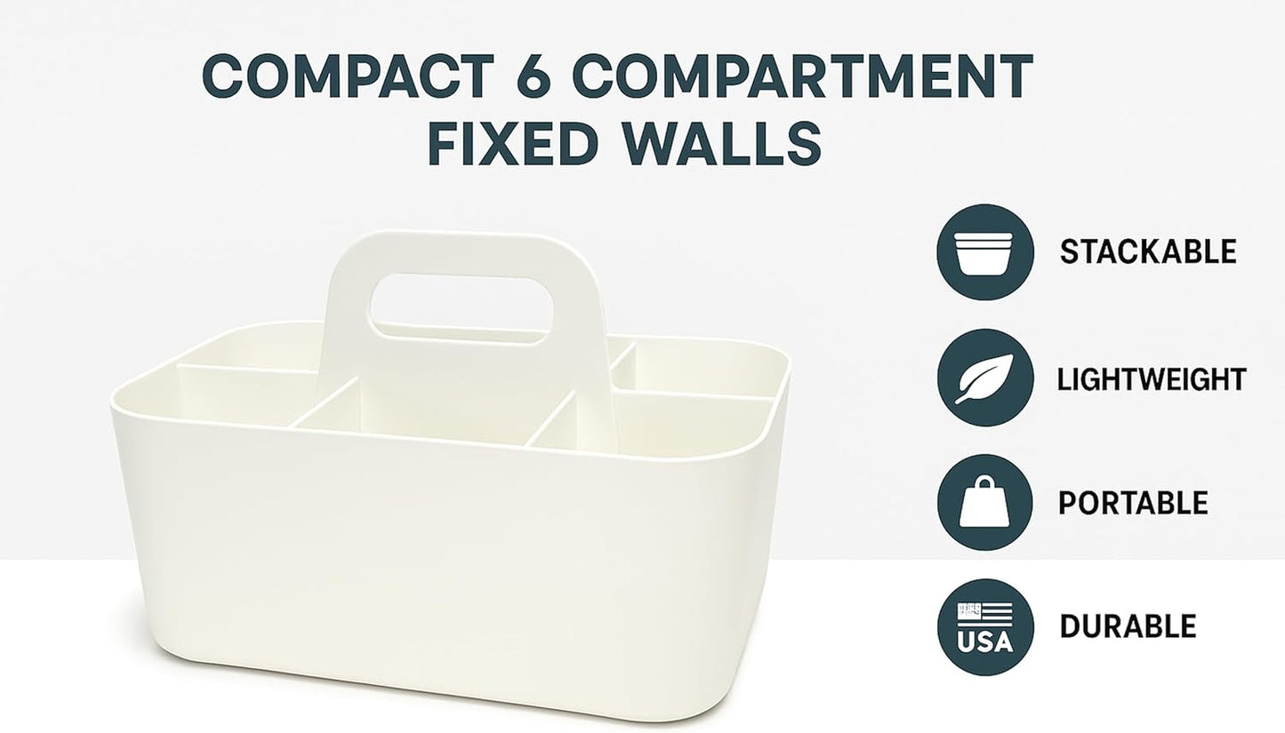 2 Pack Small 6 Compartment Multiuse Caddy Organizer with Handle Art Craft Supplies, Office, Desk, Stationery Pen Holder Stackable- Made In USA (Black/Ivory)