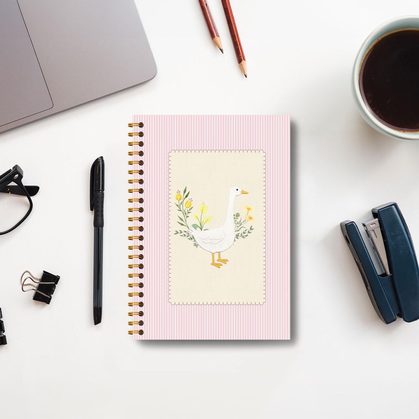 Pink Floral Goose Notebook, Cottagecore Botanical Goose Journal, Rustic Aesthetic Farm Animal Journal, Animal Lover Gifts Hardcover Spiral Notebooks 5.5x8.3 Inch