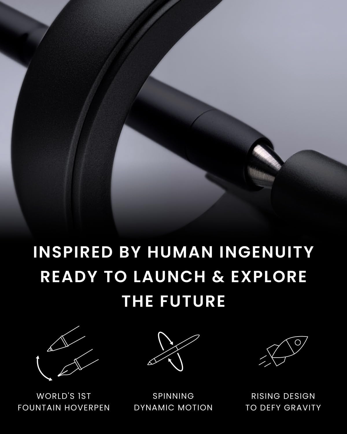 novium Hoverpen Future Edition - Luxury Fountain Pen & Rollerball Pen All-In Gift Box, Fine Nib, Futuristic Aesthetic, Aerospace Metal Made, Free Spinning Executive Pen, Gifts for Boss (Deep Black)