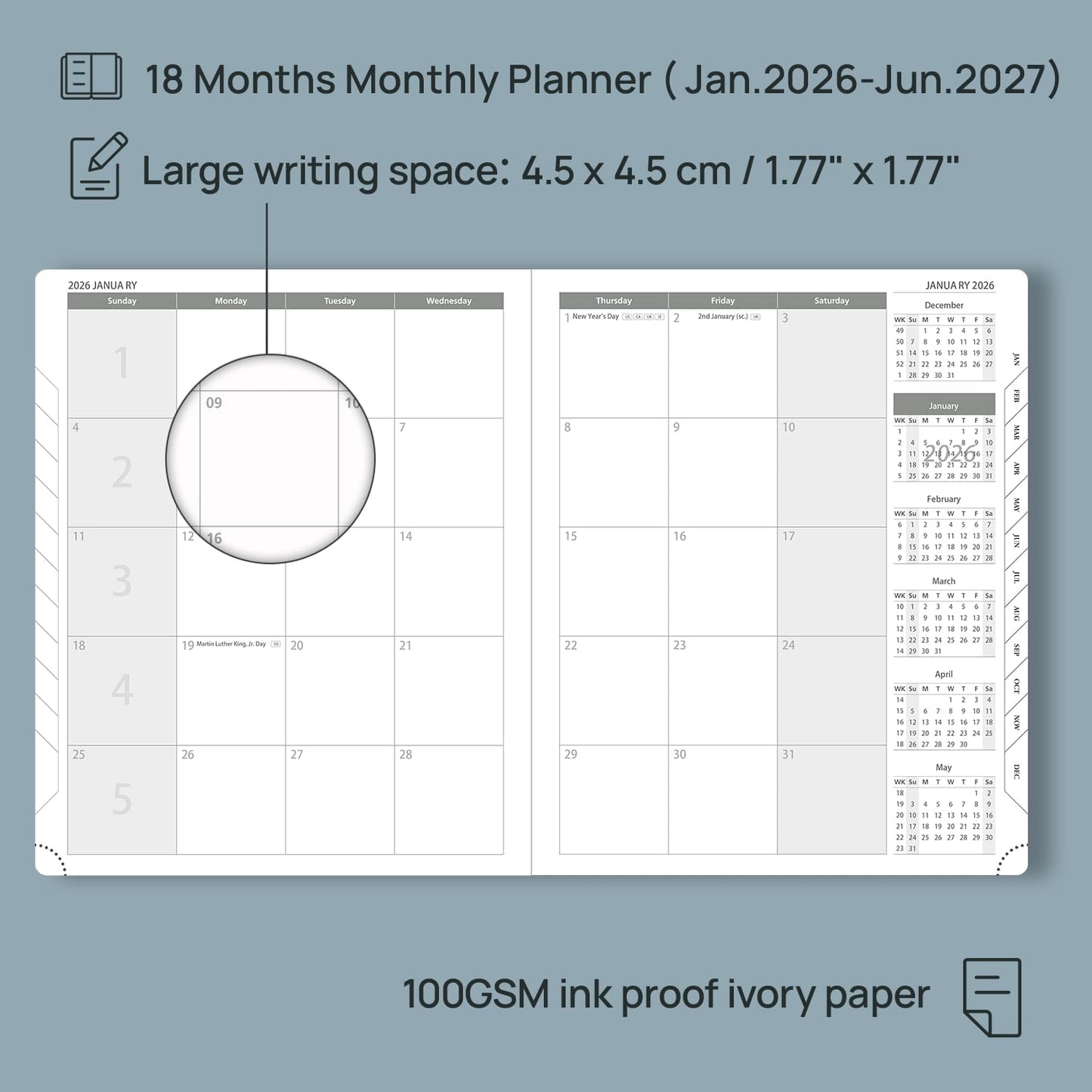 POPRUN Monthly Planner 2026-2027 (Large- 8.5" x 10.5" Soft Cover), 18-Month Calendar Book (Jan.2026 - Jun. 2027), Calendar Planner with Monthly Tabs & Pocket, 100 GSM Paper - Pink